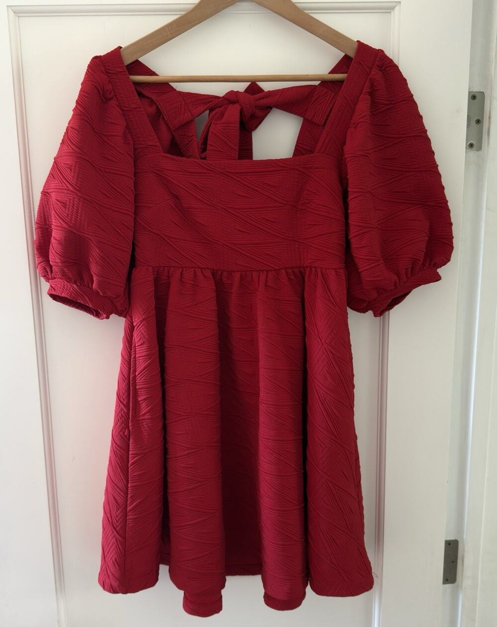 Free People Violet Mini Dress Red Textured Puff Sleeve Open Back Boho - Size XS